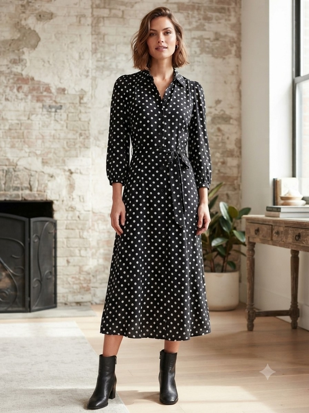 Zara Black Polka Dot Midi Shirt Dress